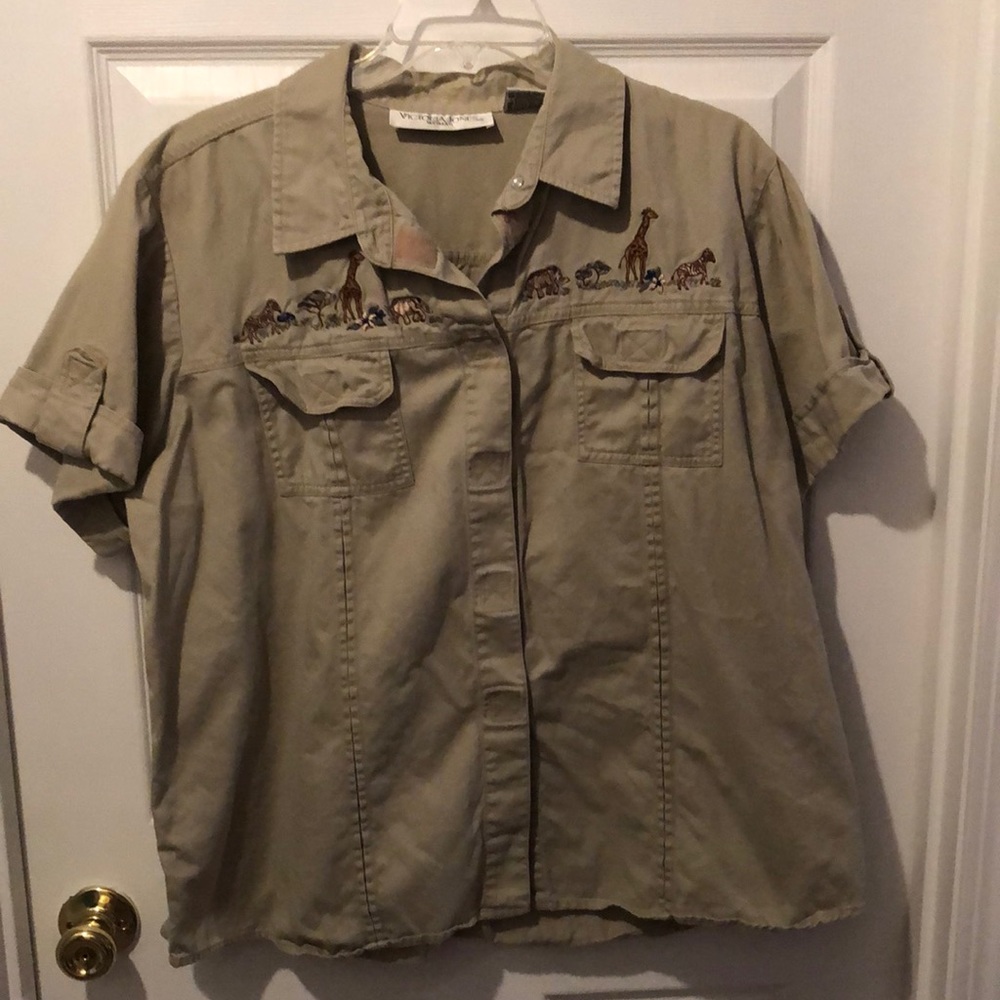 Victoria Jones safari khaki women’s Velcro down the front embroidered top 2X